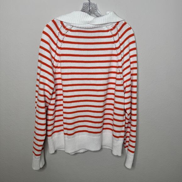 Talbots Women’s Sweater XL White Orange Striped Collared V-Neck Cotton Blend - Picture 7 of 8